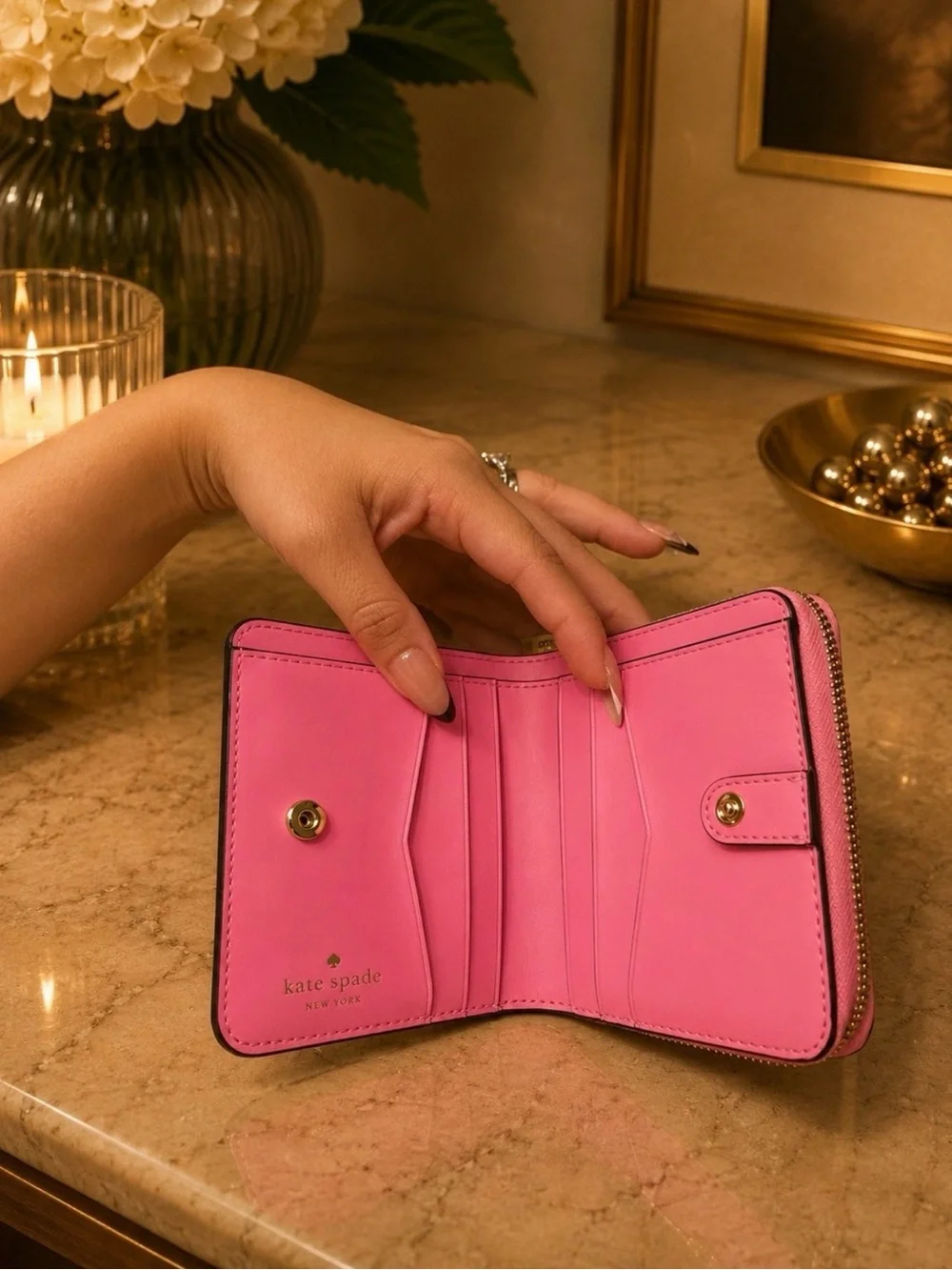 Kate Spade Pink Saffiano Bifold Zip Wallet with Gold Accents